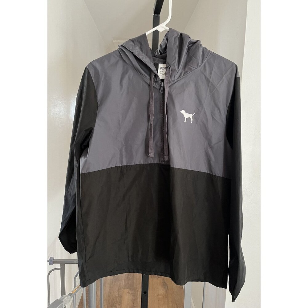 EUC Victorias Secret Pink Womens Black & Gray Hooded Windbreaker Jacket
